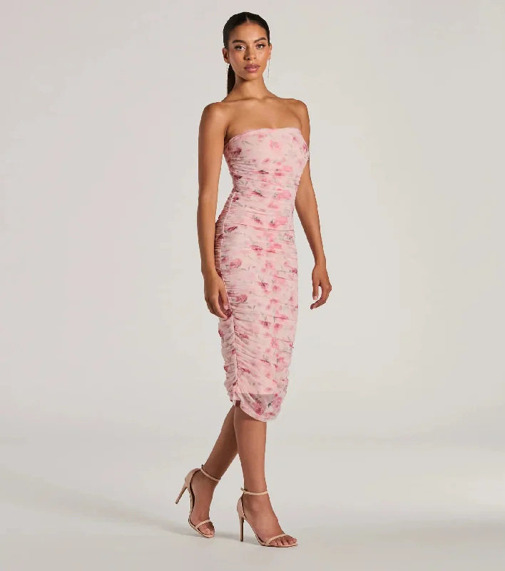 Love And Floral Strapless Mesh Midi Dress