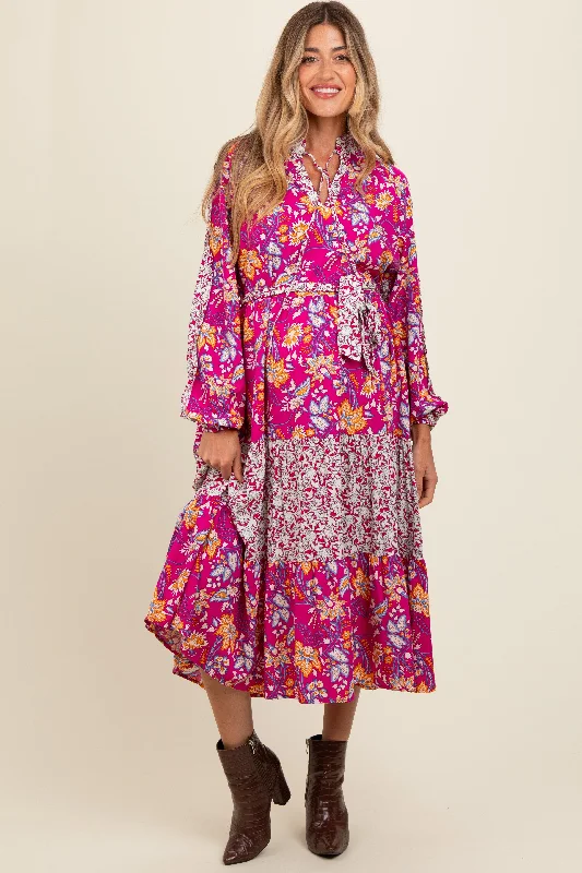 Magenta Mixed Floral Front Tie Maternity Midi Dress