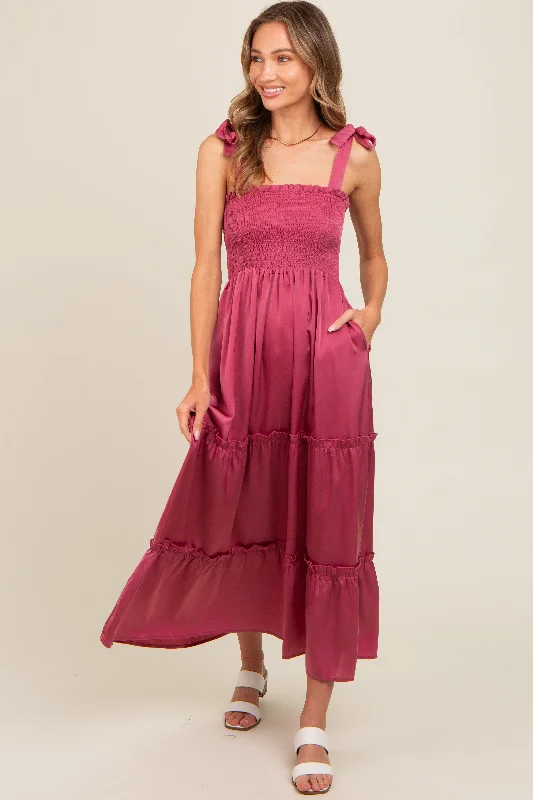 Mauve Satin Smocked Maternity Maxi Dress