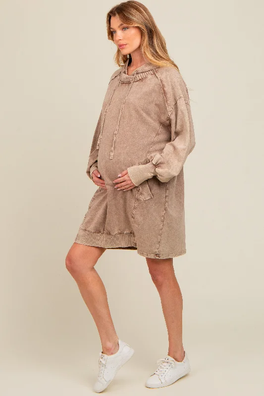 Mocha Mineral Wash Maternity Hoodie Dress