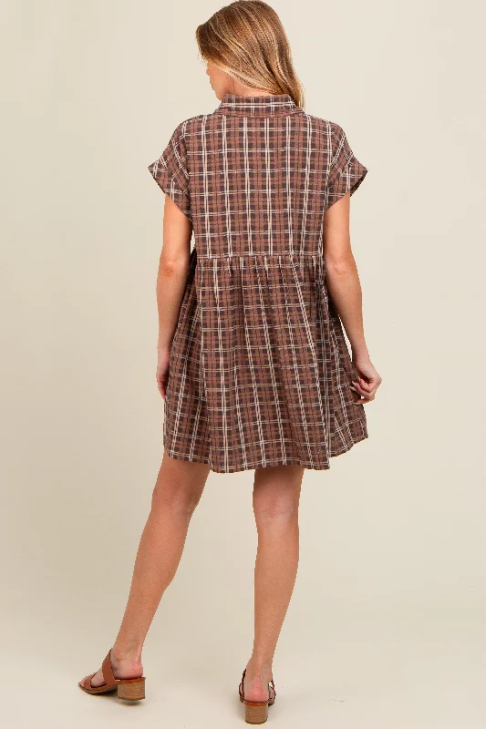 Mocha Plaid Rolled Cuff Sleeve Button Down Maternity Dress