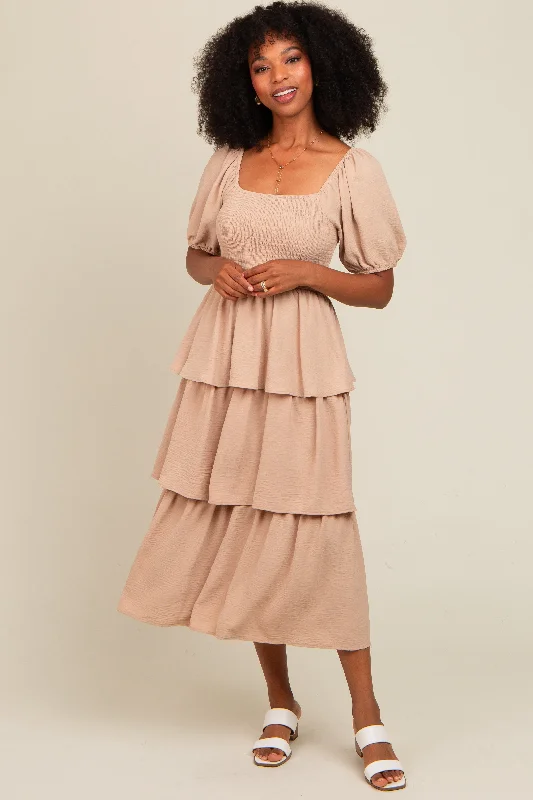 Mocha Smocked Body Ruffled Tiered Maternity Midi Dress