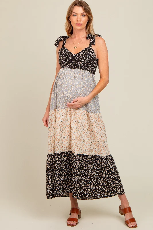 Multicolor Floral Colorblock Tier Shoulder Tie Maternity Maxi Dress