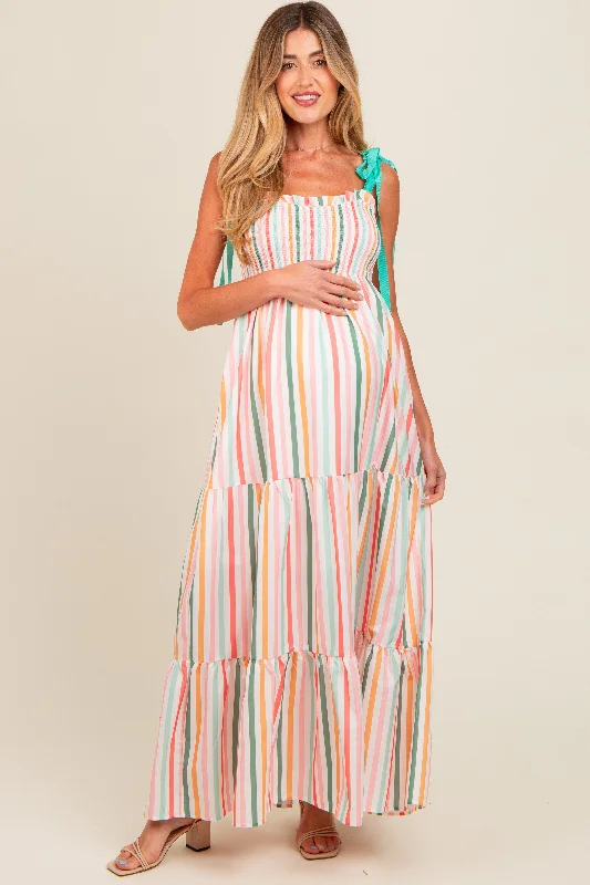 Multicolor Striped Shoulder Tie Smocked Maternity Maxi Dress