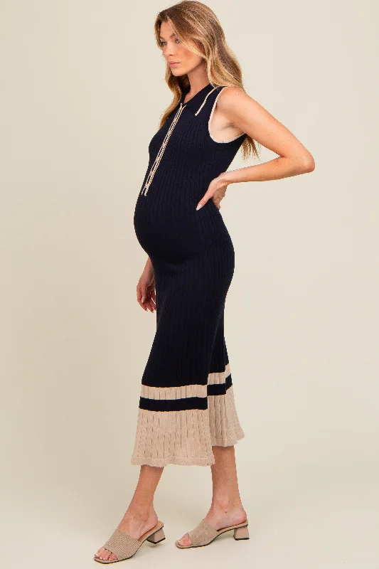 Navy Knit Button Front Contrast Border Maternity Midi Dress