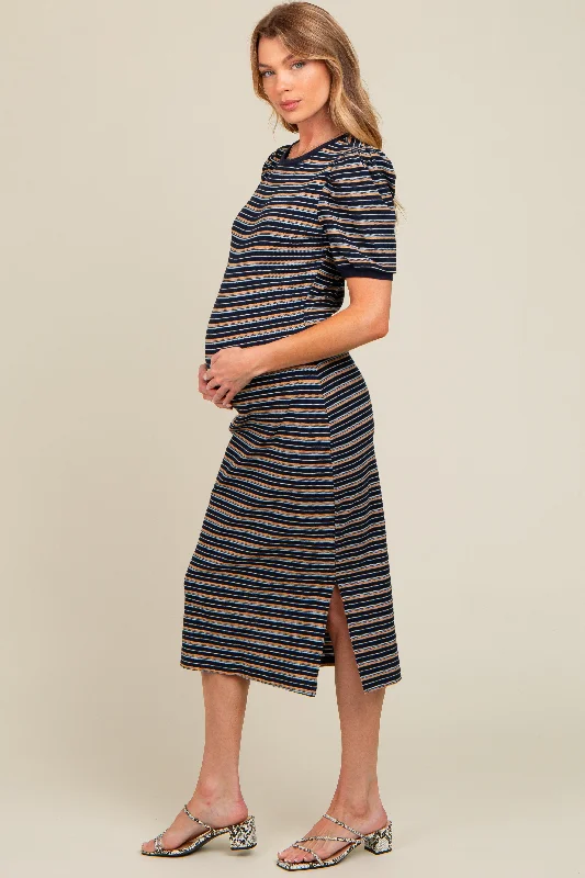 Navy Multi Striped Puff Sleeve Maternity Midi Dress