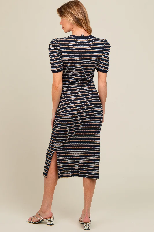 Navy Multi Striped Puff Sleeve Maternity Midi Dress