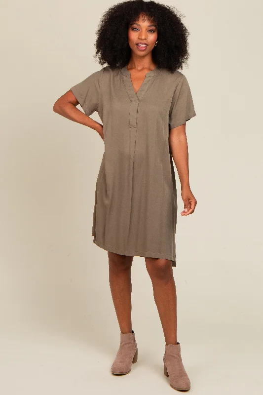 Olive V-Neck Basic Maternity Shirt Dress