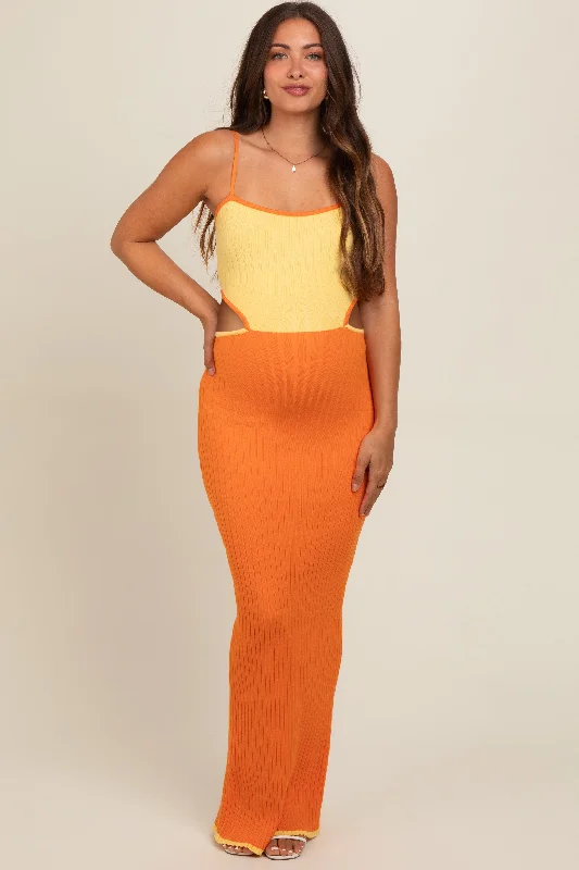 Orange Colorblock Fitted Maternity Maxi Dress