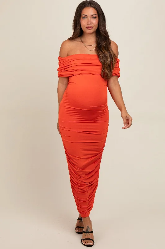 Orange Off Shoulder Ruched Maternity Midi Dress