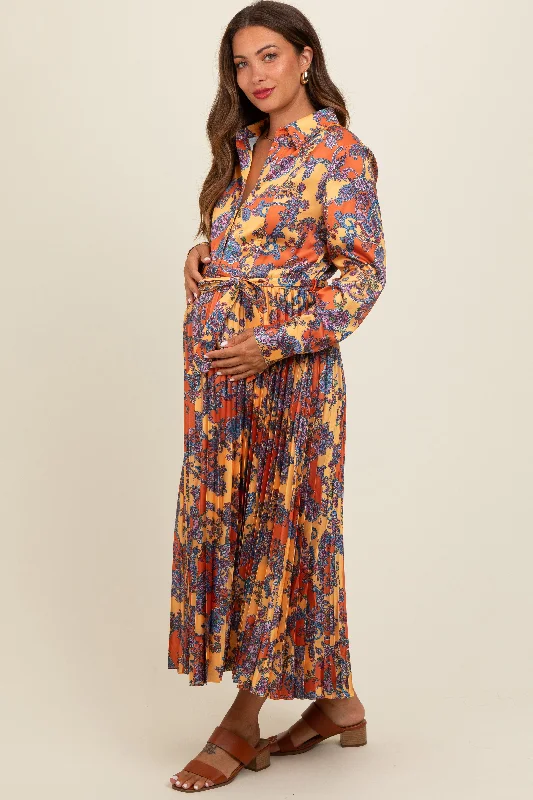 Orange Paisley Print Pleated Button Down Maternity Midi Dress