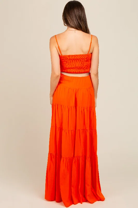 Orange Smocked Cutout Maternity Maxi Dress