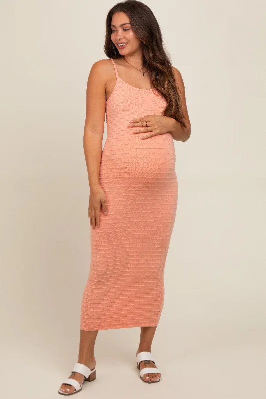 Peach Fitted Spaghetti Strap Maternity Midi Dress