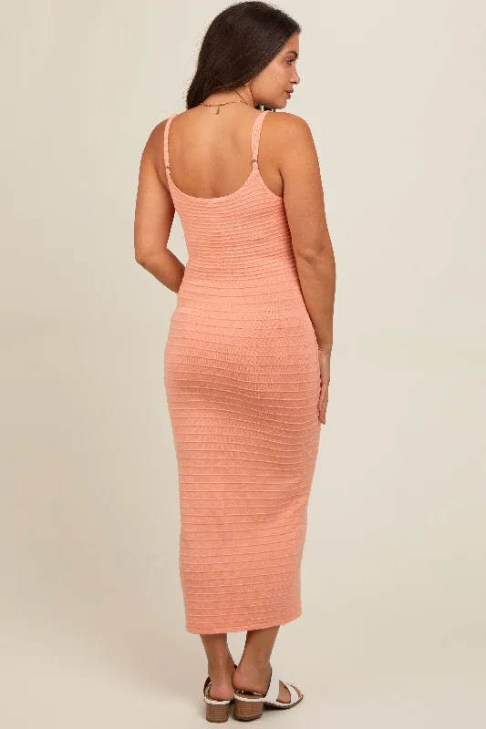 Peach Fitted Spaghetti Strap Maternity Midi Dress