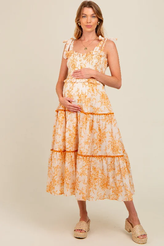 Peach Floral Sleeveless Ruffle Tiered Maternity Midi Dress