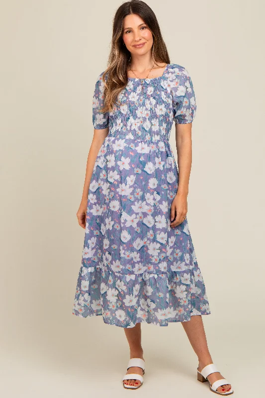 Periwinkle Floral Smocked Maternity Midi Dress