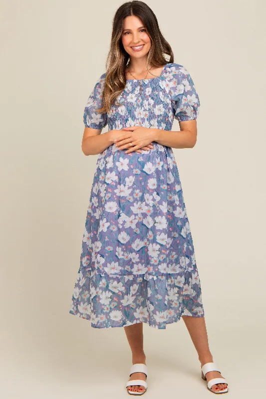 Periwinkle Floral Smocked Maternity Midi Dress