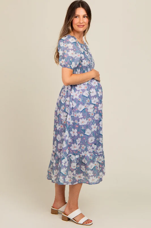 Periwinkle Floral Smocked Maternity Midi Dress