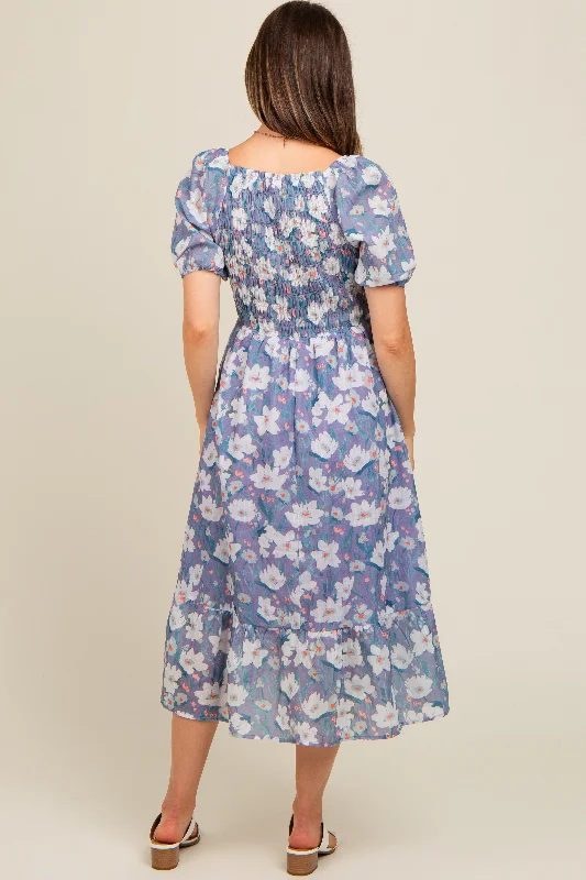 Periwinkle Floral Smocked Maternity Midi Dress