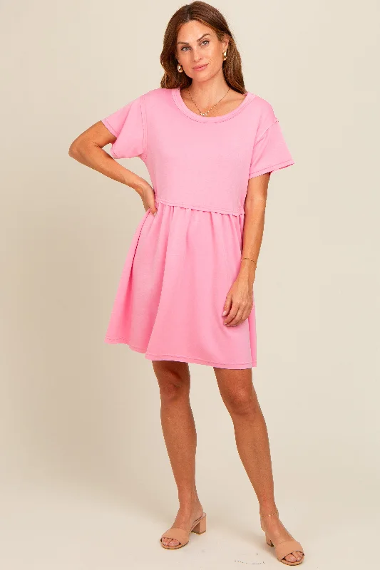 Pink Cut Edge Short Sleeve Maternity Dress