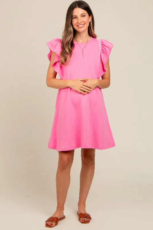 Pink Embroidered Ruffle Sleeve Maternity Dress