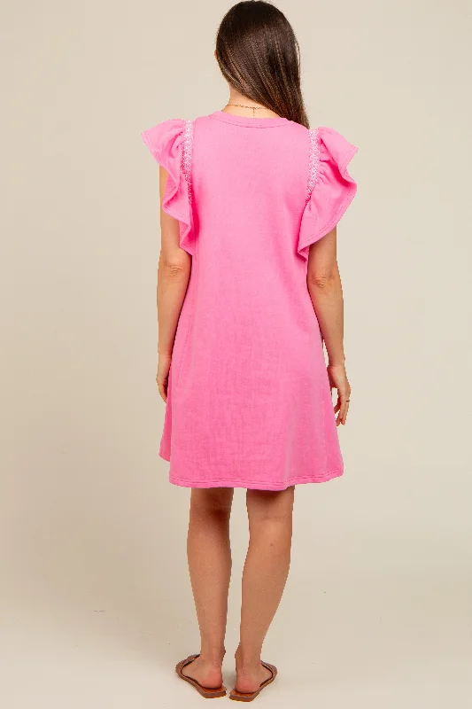 Pink Embroidered Ruffle Sleeve Maternity Dress