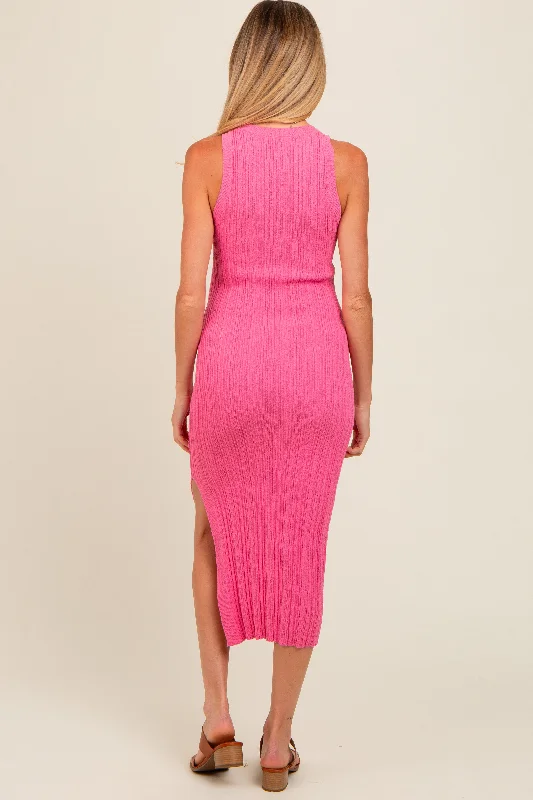 Pink Ribbed Side Slit Sleeveless Maternity Midi Dress