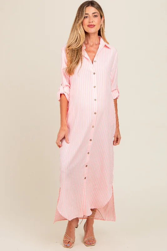 Pink Striped Button Down Maternity Maxi Dress