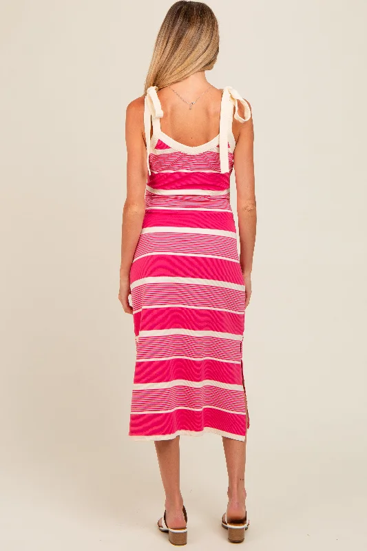 Pink Striped Shoulder Tie Side Slit Maternity Midi Dress