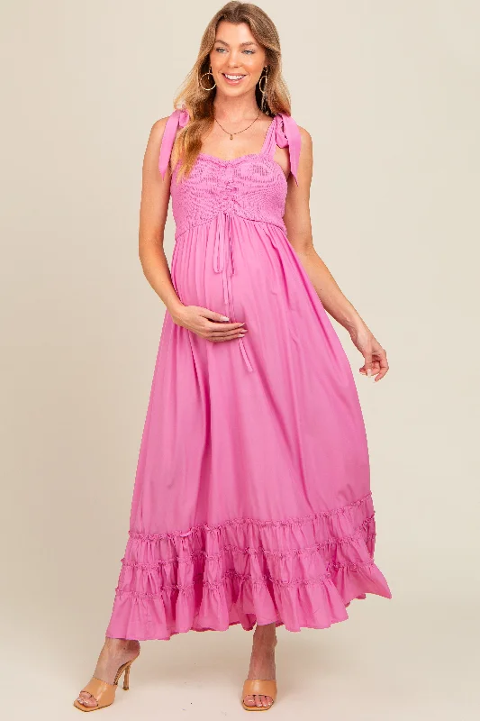 Pink Sweetheart Neck Smocked Shoulder Tie Maternity Maxi Dress