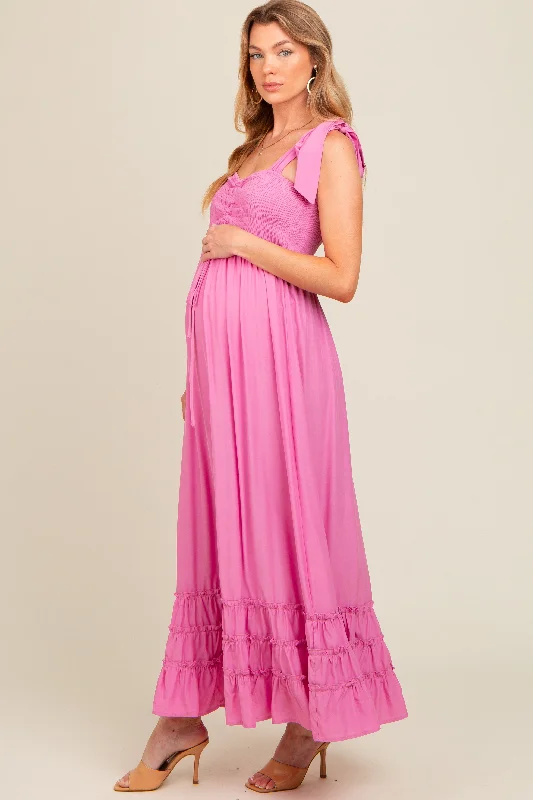 Pink Sweetheart Neck Smocked Shoulder Tie Maternity Maxi Dress