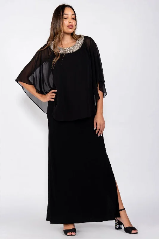 R&M Richards 2328 Long Formal Chiffon Cape Dress Black