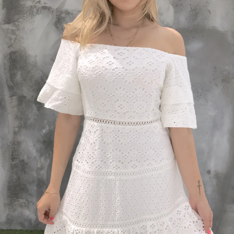 Reunited Love Eyelet Off Shoulder Dress in White