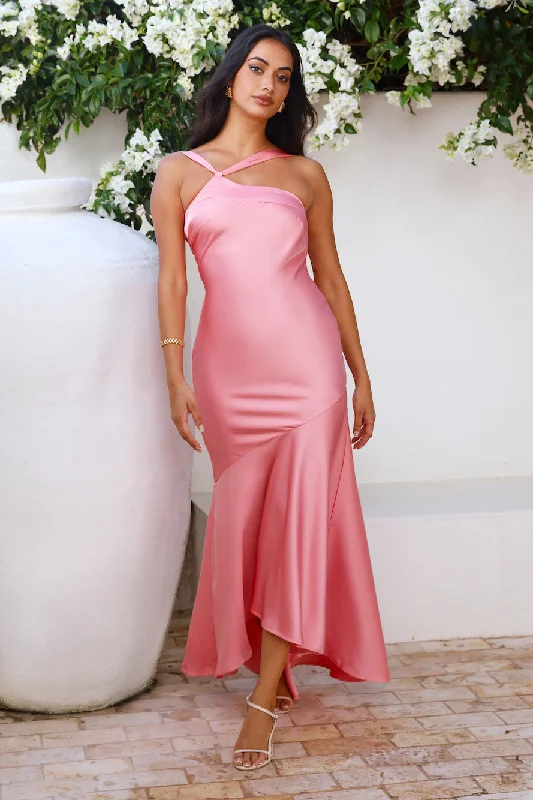 Romantic Affair Satin One Shoulder Maxi Dress Pink