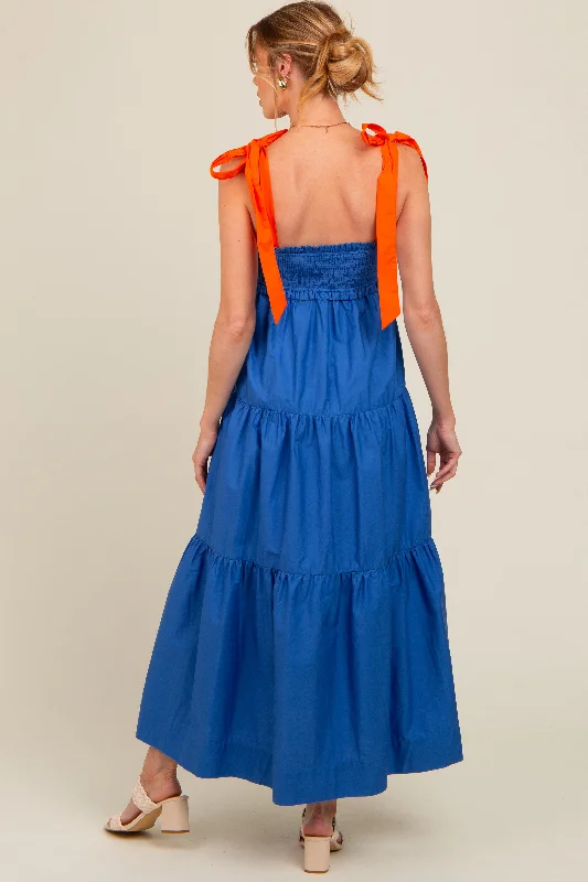 Royal Blue Contrast Shoulder Straps Maternity Maxi Dress