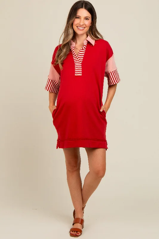 Rust Colorblock Stripe Maternity Polo Dress