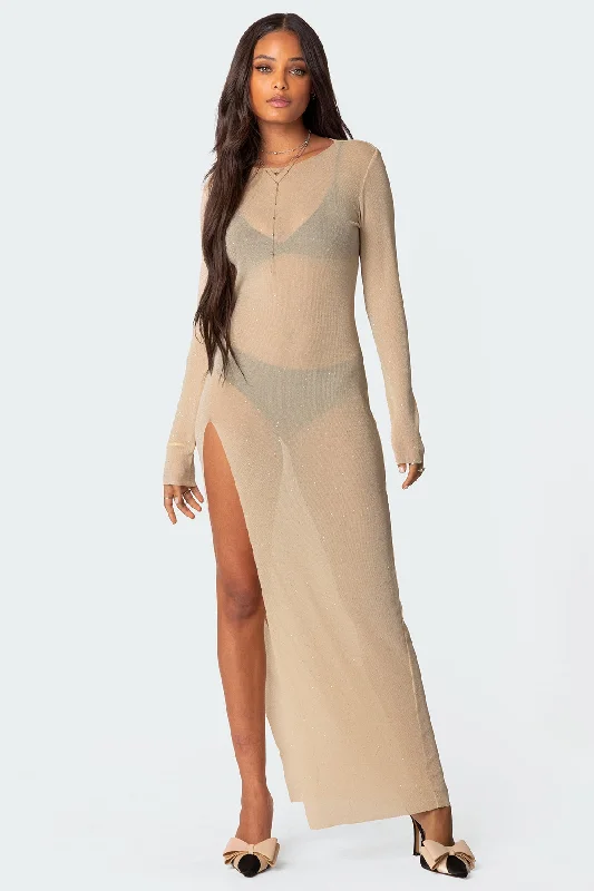 Glitter Mesh Slitted Maxi Dress