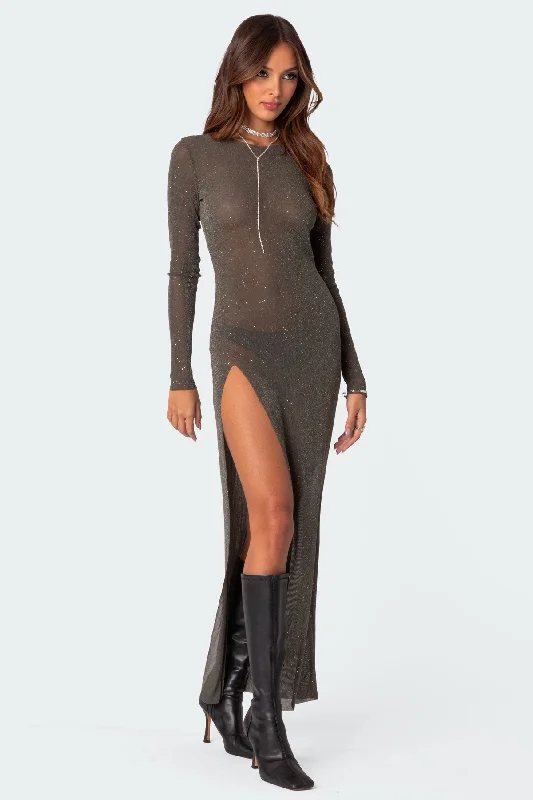 Glitter Mesh Slitted Maxi Dress