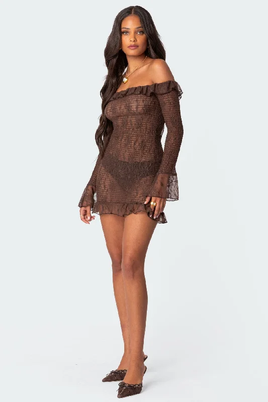 Wisteria Scrunched Sheer Lace Mini Dress