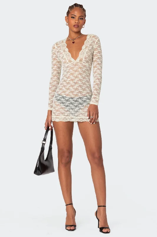 Beck Plunge Neck Sheer Lace Mini Dress