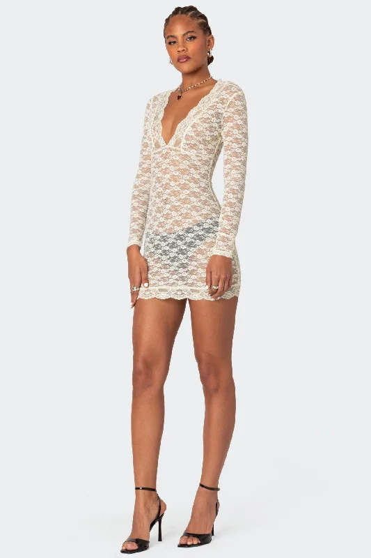 Beck Plunge Neck Sheer Lace Mini Dress