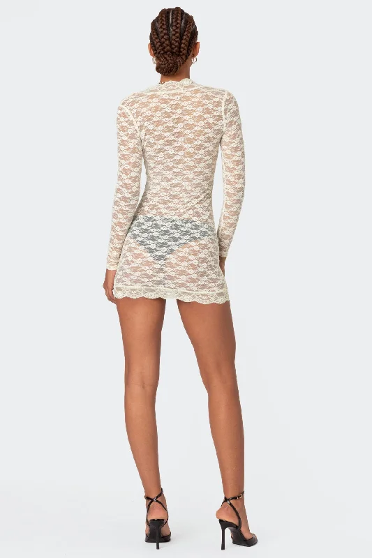 Beck Plunge Neck Sheer Lace Mini Dress