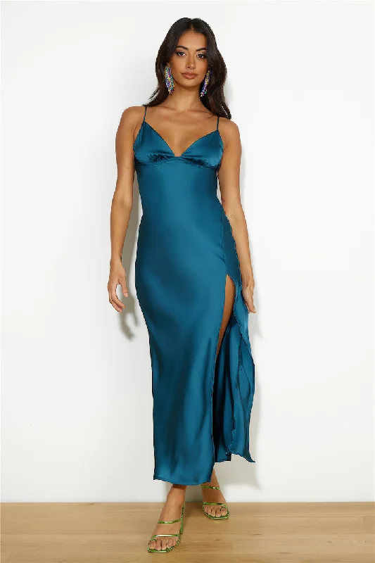 Seen At The Ball Satin Midi Dress Blue