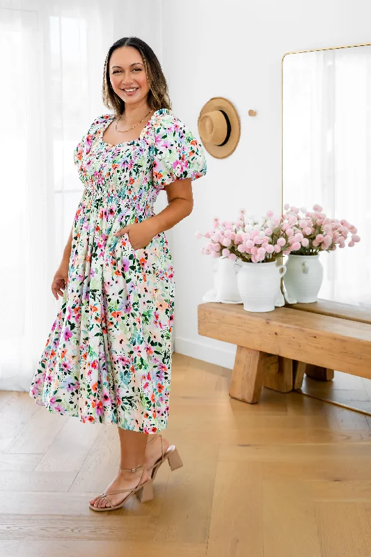 Stelle Linen Blend Midi Dress in Rose Fleur