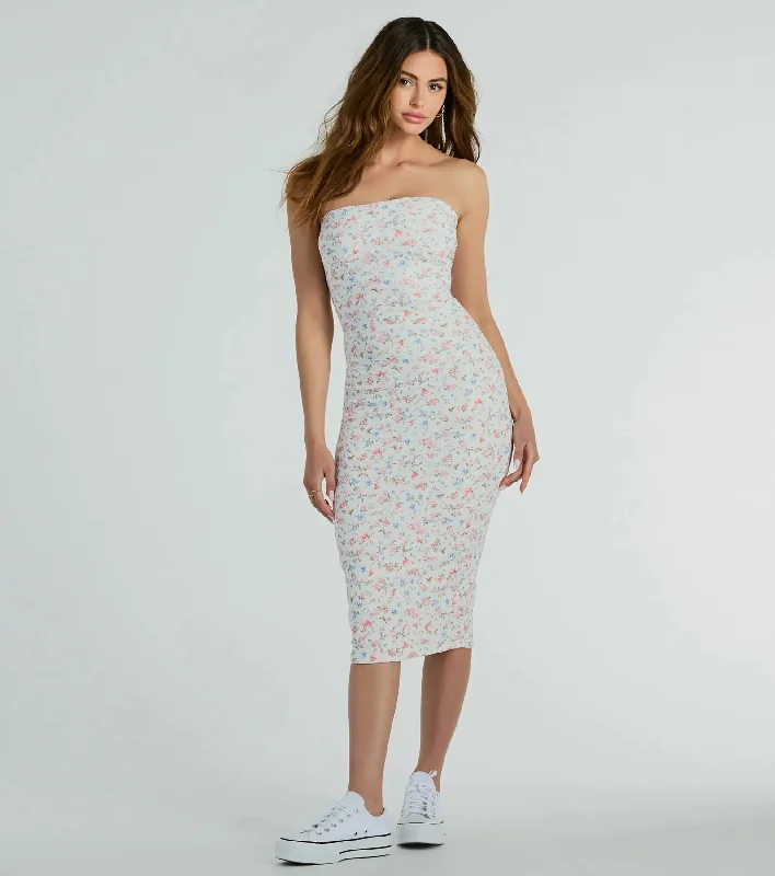 Sweetest Allure Strapless Floral Eyelet Knit Midi Dress