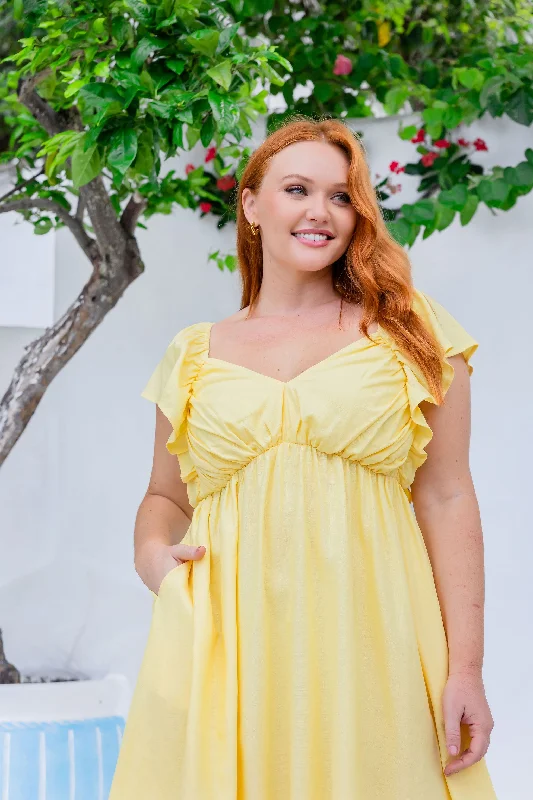 Tanya Linen Blend Party Dress in Lemon