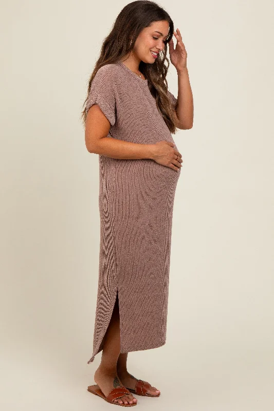 Taupe Ribbed Short Sleeve Maternity Midi Dress