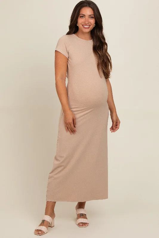 Taupe Short Sleeve Maternity Midi T-Shirt Dress