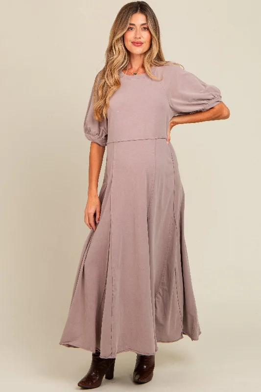 Taupe Vintage Wash Puff Sleeve Maternity Maxi Dress