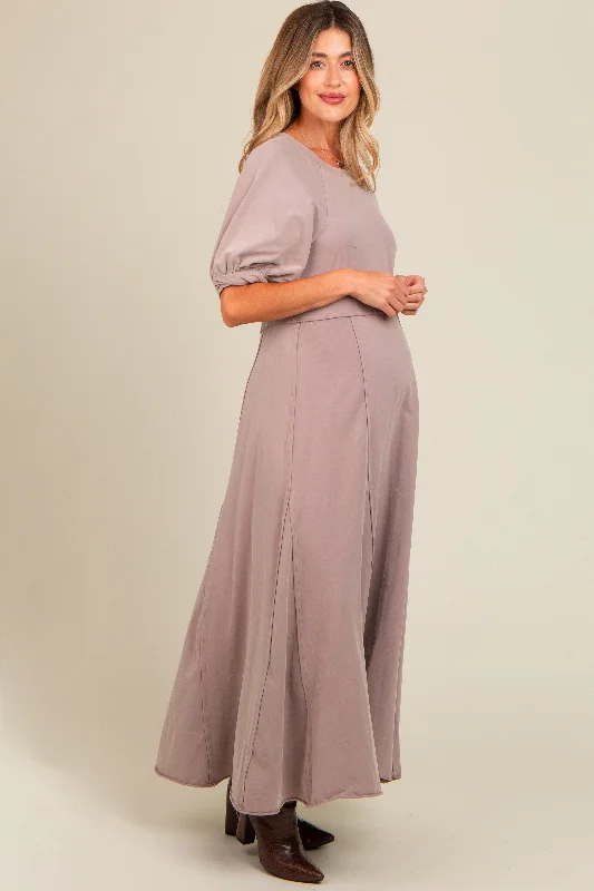 Taupe Vintage Wash Puff Sleeve Maternity Maxi Dress